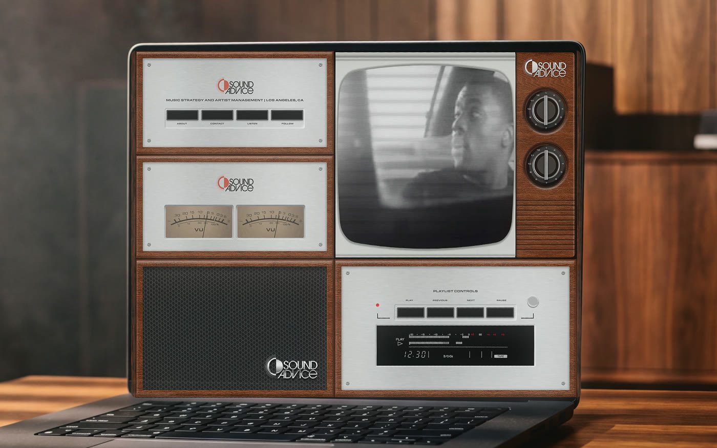 Sound Advice, the site on a laptop in a listening room